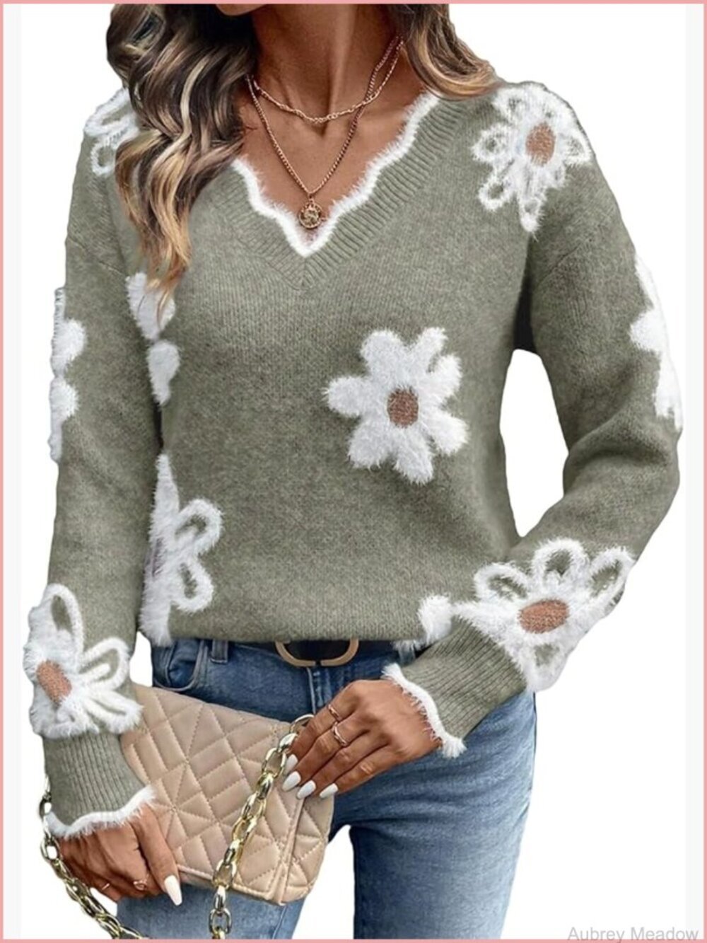V-Neck Long Sleeve Ribbed Knit Fuzzy Pullover Sweater